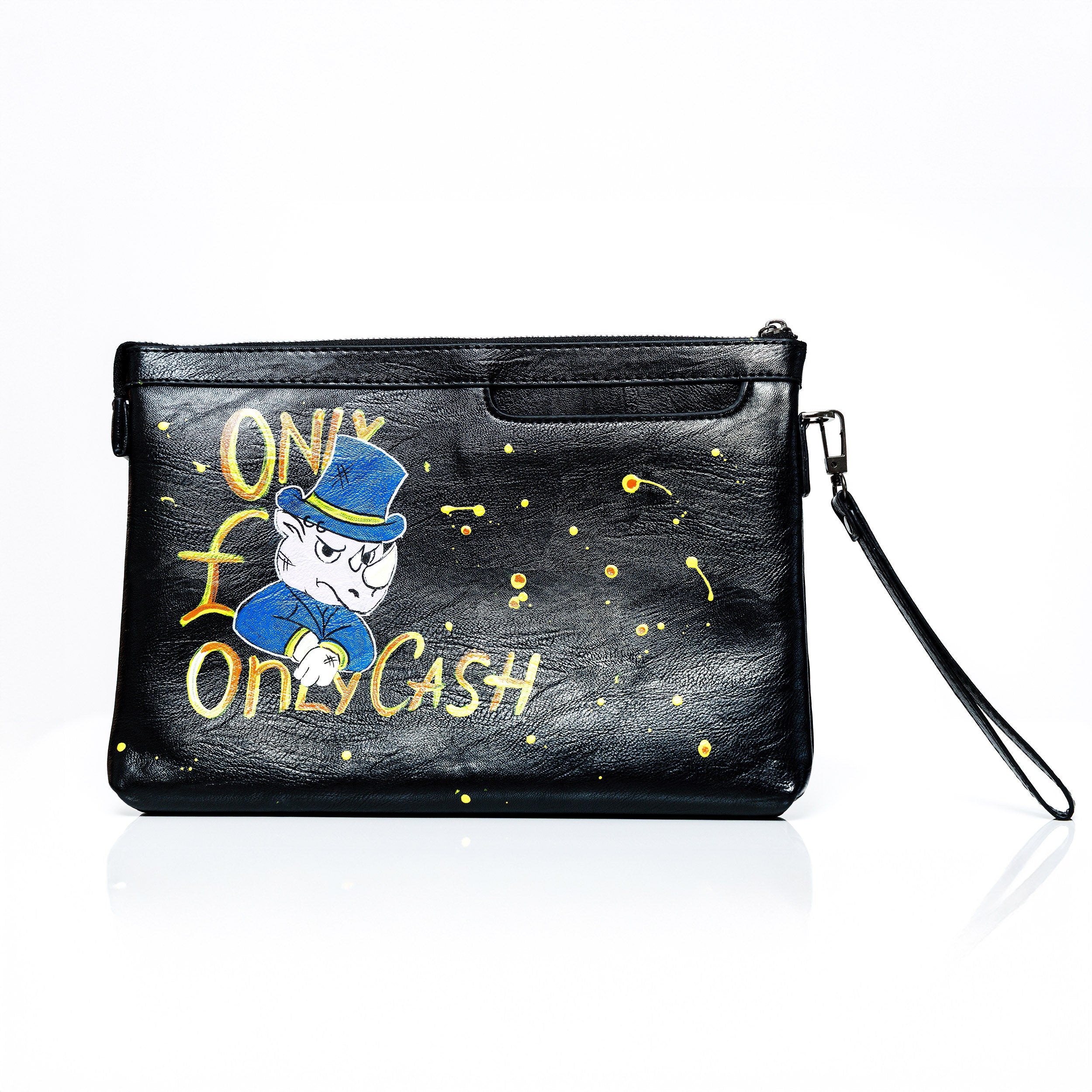 "Only Cash" – Hand-Painted Leather Clutch