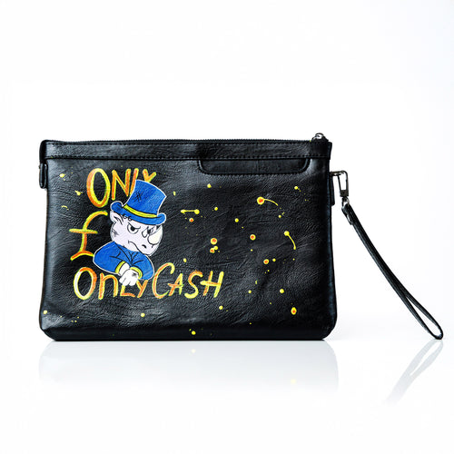 Black pouch with cartoon character and 'Only Cash' 