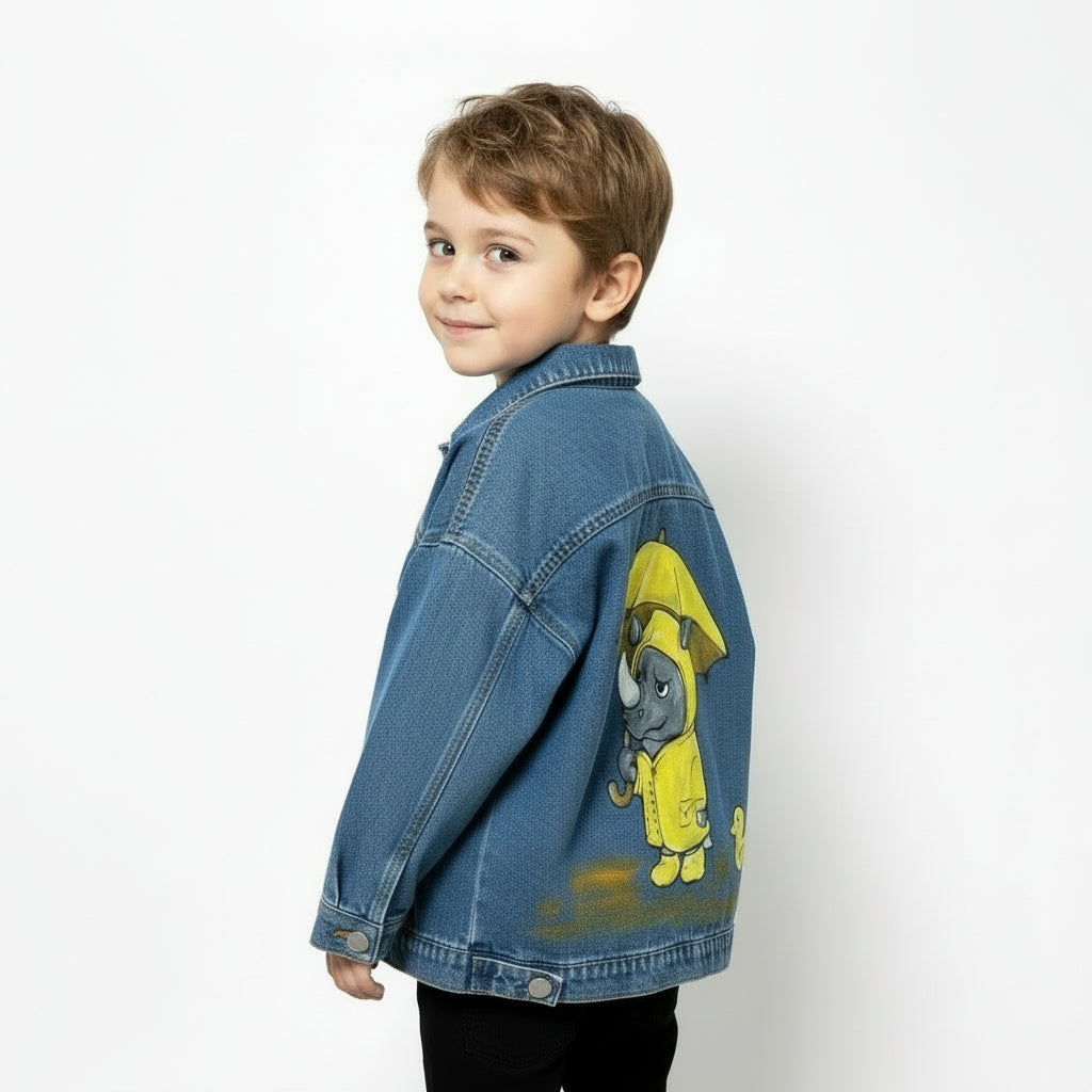 Blue denim jacket with a cartoon rhino holding a yellow umbrella and a yellow duck on a white background