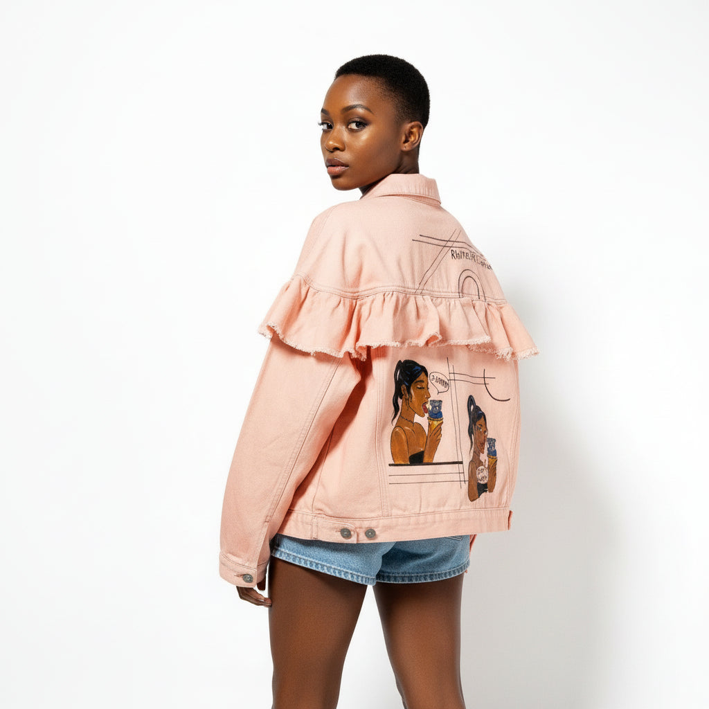 Pink jacket with graphic design on a white background