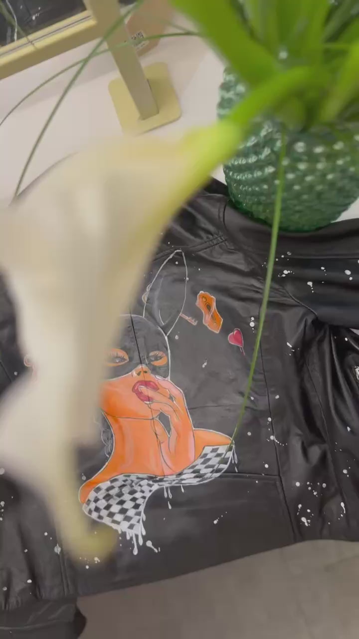Custom painted leather jacket in motion street style