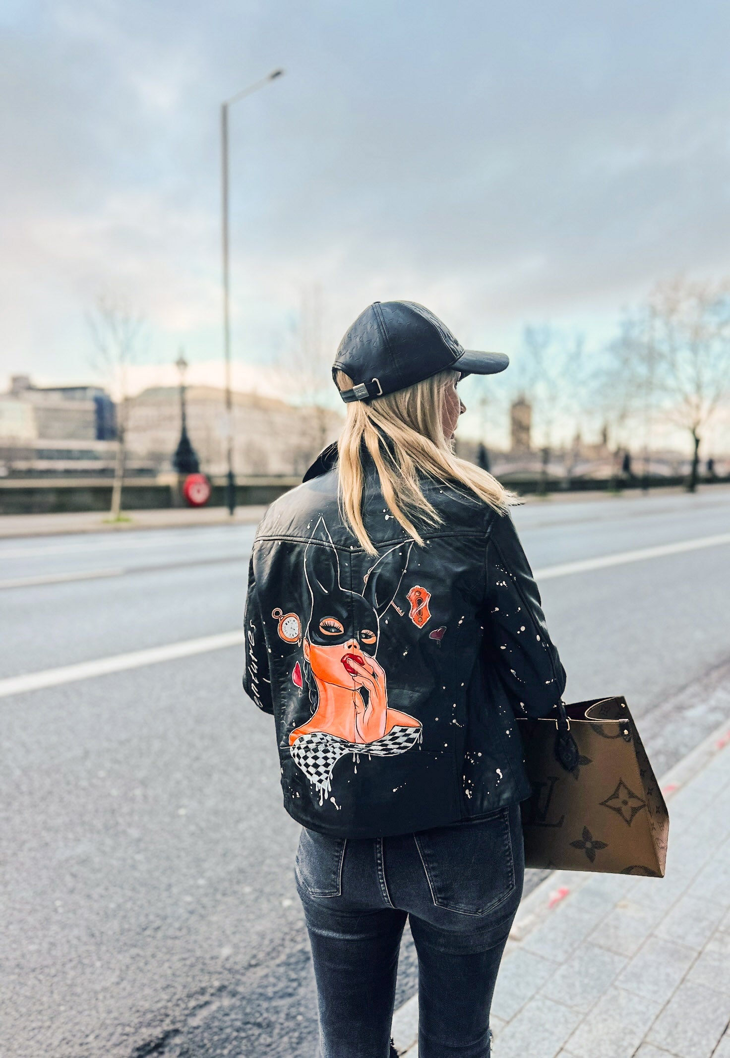 Hand painted black leather jacket street style custom artwork