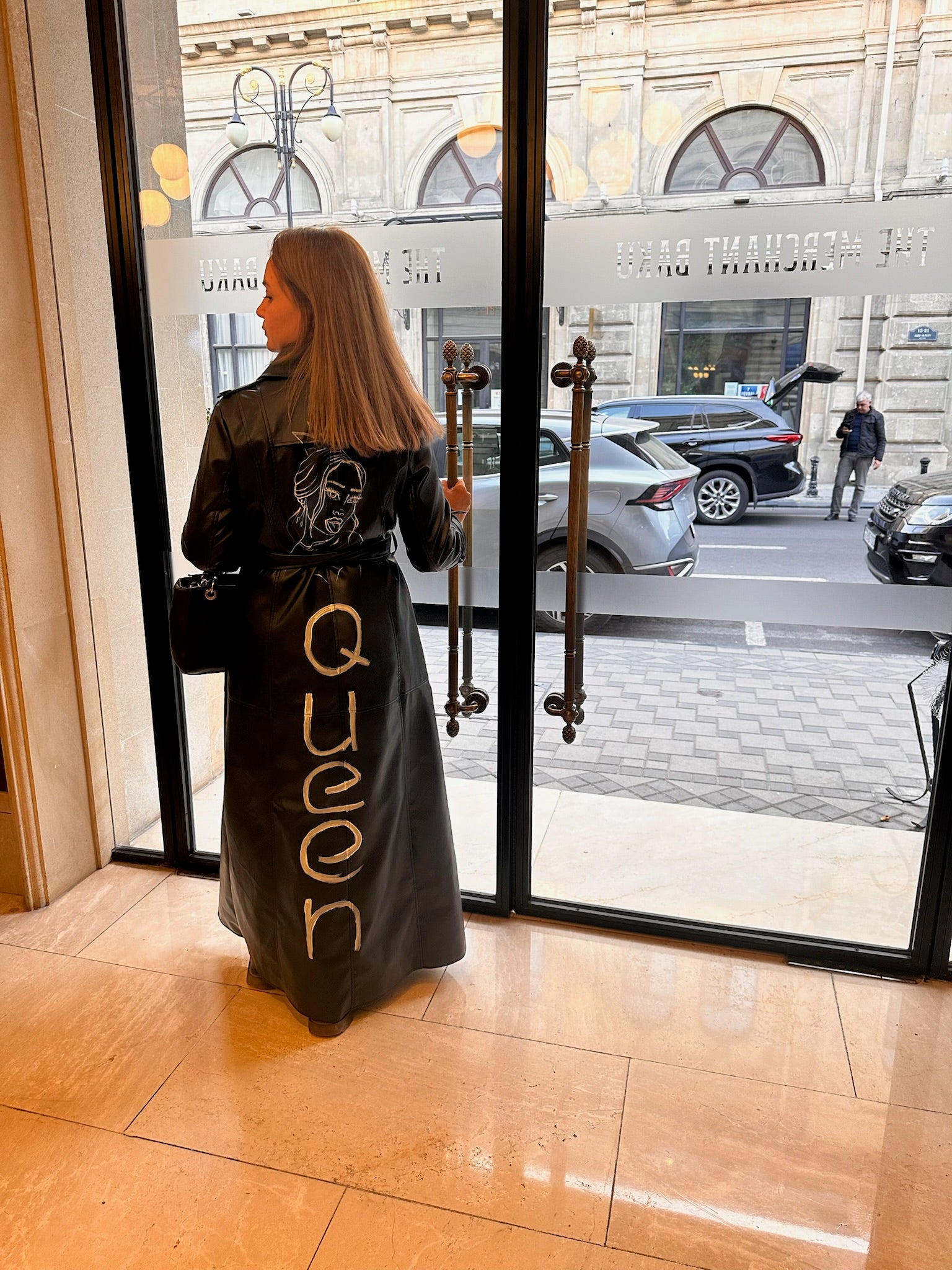 Hand painted long leather coat custom artwork queen design