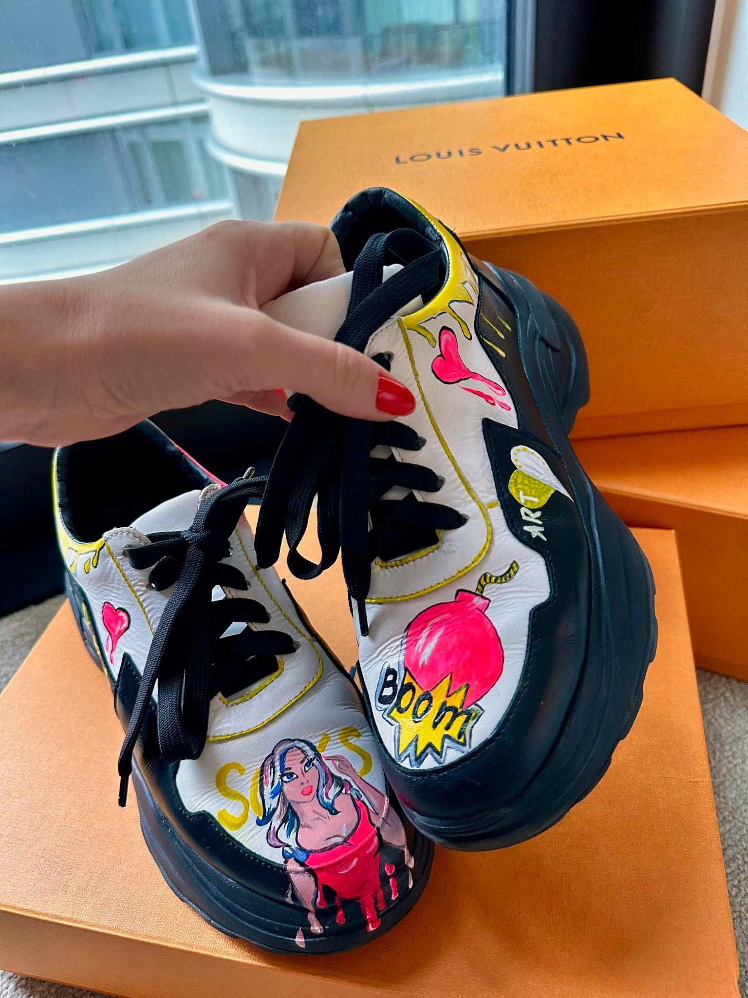 Custom painted sneakers unique artwork pair view